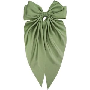 Kal-Barrettes &Agrave; Cheveux Avec Grand Noeud En Satin Soyeux - Long Ruban Uni - Barrette &Agrave; Cheveux Fran&ccedil;aise - Accessoires De Cheveux Pour F&ecirc;te Femmes Filles - Cadeau De Mariage - Vert Olive - Neuf