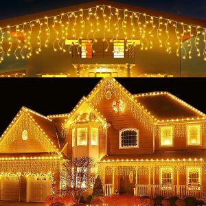 Solaire Lumières De Glace De Noël, 5m 256 Leds Rideaux Lumières Avec Télécommande 32pcs 8 Modes Étanche Rideau Cascade Lumineux De Noël Décoratives Pour Mariage Jardin Patio Fêtes - Neuf