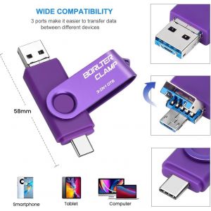 Clé Usb 3.0 De 128 Go Mémoire Stick 3 En 1 Pour Téléphones Android,Borlterclamp Clef Usb Pendrive Otg Avec 3 Ports Usb (Usb C/Microusb/Usb-A) Pour Samsung Galaxy,Pc Et Plus (Violet) - Neuf