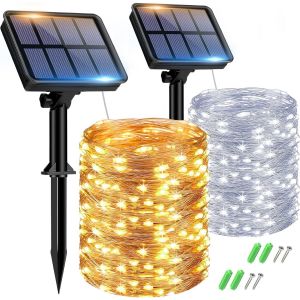 Lot De 2 Guirlande Solaire Exterieur, 15+2m 150led Guirlande Lumineuse Étanche 8 Modes, Guirlande Extérieure Solaire Décoration Pour Jardin Terrasse Cour Maison Noël Mariage Fête Blanc Froid/Chaud - Neuf