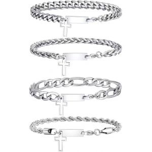 Eryi-4 Pcs Homme Gourmette Chaîne Bracelet En Acier Inoxydable, Bracelet Argent Chaîne Grosse Maille, Bracelet Croix Côté Horizontal, Bracelet Figaro, Bracelet Croix Cubaine Pour Homme - Neuf