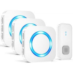 Sonnette sans Fil Exterieur Étanche, Longue Portée 400M de Carillon Electronique Kit avec 3 Récepteurs Enfichables, 55 Mélodies au 5 Niveaux Volumes pour Maison, Indicateur LED, Blanc - Neuf