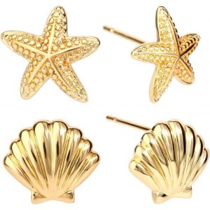 Tianyi-2 Paires Boucles D'oreilles Dor&eacute;es Pour Femme, Ensemble De Clous D'oreilles &Eacute;toile De Mer Et Coquillage En Cuivre Bijoux Sur Le Th&egrave;me L'oc&eacute;an Les Voyages Les Vacances Au Quotidien (Or) - Neuf