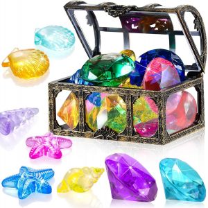 KAL-12 Pi&egrave;ces Jouets De Tr&eacute;sor De Piscine Et 1 Bo&icirc;te Chasse Au Tr&eacute;sor Jouet De Coffre Au Tr&eacute;sor Sous-Marine 12 Gemmes De Plong&eacute;e Color&eacute;s Pierres Pr&eacute;cieuses Sous-Marines Pour Enfant Jeu (Bronze) - Neuf