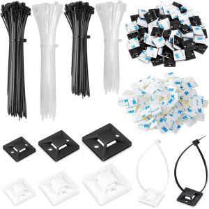 MEVRONISSHOP-200 Pcs Serre Cable Plastique + 200 Pcs Embase Adhesive, Serre C&acirc;bles Auto Adh&eacute;sif pour Fixation Cable Electrique (Noir/Blanc) - Neuf