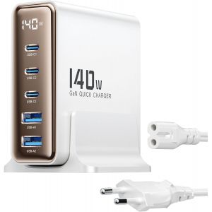 Checarzhn--No1-Chargeur Usb C 140w 5 Ports Gan Pr Usbc Rapide - Écran Led, Pd 3.0 & Qc 3.0 - Pr Multiple Universelle Pour Macbook Pro/Iphone 16 / Tablette/Voyage, Blanc - Neuf