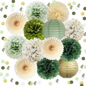 LETNERNY-Pompons En Papier Vert Olive Vert Sauge - Décorations De Fête - Vert Sauge - Décoration De Fête Prénatale, Mariage, Fête Prénuptiale - Confettis Dorés - Décoration De Table - Neuf