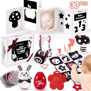 TDRFL-Jouet Bébé Pour 0-3 Mois Carte Flash Blanc Et Noir Et Anneau Dentition Jouet Montessori Pour Bébé Eveil 0-6 Mois Cadeau Naissance Garcon Fille - Neuf
