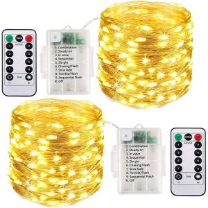 JGD-Lot de 2 guirlandes lumineuses &agrave; piles, 10 m, 100 LED, &eacute;tanches, pour int&eacute;rieur/ext&eacute;rieur, 8 modes avec minuterie, &eacute;clairage scintillant pour tonnelle, salle de f&ecirc;te, d&eacute;coration de No&euml;l (blanc - Neuf