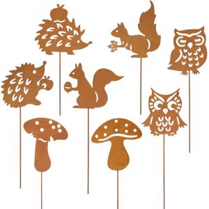 Mevronisshop-Lot De 8 Piquets De D&eacute;coration De Jardin En Rouille - En M&eacute;tal - Pour L'automne - Aspect Rouille - Avec H&eacute;risson, Hibou, Champignons, &Eacute;cureuil - Pour Pot De Fleurs Int&eacute;rieur, Terrasse, B - Neuf