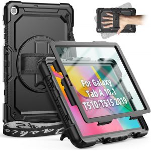 Coque Pour Samsung Galaxy Tab A 10,1 Pouces 2019 (Sm-T510/Sm-T515), Coque De Protection Robuste Avec Protection Écran,Porte-Crayon,Dragonne Rotative À 360 & Support, Pour Tab A 10.1-Noir - Neuf
