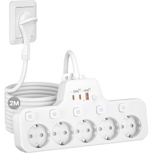 PD20W Multiprise avec Interrupteur Individuel, Prise Multiple avec USB, Multiprise Murale 5 Prises avec Charge Rapide PD20W et QC18W Multiprise Electrique Parafoudre pour Bureau de Cuisine, Blanc - Neuf