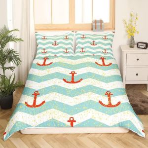 Housse De Couette Nautique Homewish Pour Enfants Et Adolescents, Parure De Lit Double, Motif Ancre De Bateau, Voile, Gouvernail, Housse De Couette Blanche À Rayures Bl - Neuf
