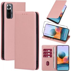 KAL-Coque Cuir Pour Xiaomi Redmi Note 10 Pro 4G 6.67"" Avec 1 Verre Tremp&eacute; Etui &Agrave; Rabat En Pu Porte-Cartes Portefeuille Support Flip Housse Magn&eacute;tique Antichoc Anti-Rayures Case,Rose_Gold - Neuf