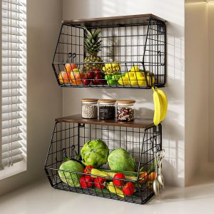 Mevronisshop-Lot De 2 Corbeilles À Fruits Suspendues Avec Couvercle En Bois, Étagère Murale Pour Cuisine, Fruits Et Légumes, Panier Métallique Suspendu Avec 4 Crochets De Suspension Pour Bananes - Neuf
