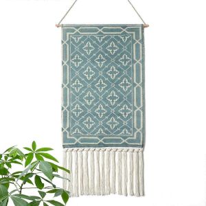 Tenture murale en macramé Style Bohème fait à la main en coton frangé pompon bannière avec tige de suspension en cuivre fo - Neuf