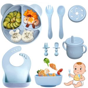 Kal-Coffret Repas Bebe 9 Pièces, Vaisselle Antiderapant Pour Bébé Set Silicone Avec Ventouse Assiette Bol Fourche Cuillère Bavoir Et Tasse, Assiette Enfant Set, Sans Bpa (Bleu) - Neuf