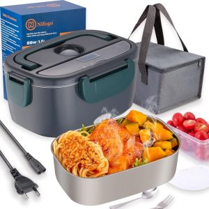 KALANKA-Gamelle Chauffante 80W pour Voiture et Camion et Bureau Lunch Box &Eacute;lectrique 3 en 1 Acier Inoxidable 12V 24V et 230V - Bo&icirc;te &agrave; Repas 1,5L avec Gris Sacs Isolants(Bleu) - Neuf