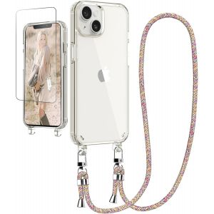 Kal-Chaîne De Téléphone Portable - Coque De Protection Pour Iphone 14 Plus - Avec Bande Et Film De Protection - Transparent - Avec Cordon De Suspension - Pour Iphone 14 Plus 6,7"" - Arc-En-Ciel - Neuf