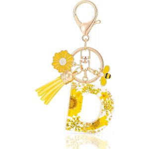 KAL-Letter Keychains Initiale Lettre Porte Clef Lettre,Alphabet Initial Keyring Avec Pampille Pendentif,Jaune Pétales Feuille D'Or Key Ring Pour Femmes Filles Portefeuilles Sac À Main Charme - Neuf