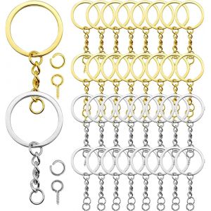 KALANKA-50Pcs Anneaux Porte Cl&eacute;s avec Cha&icirc;ne,Anneaux 25mm porte-cl&eacute;s plats en m&eacute;tal avec cha&icirc;ne et anneau de jonction ouvert,pour loisirs cr&eacute;atifs et fabrication de bijoux(Or,argent) - Neuf