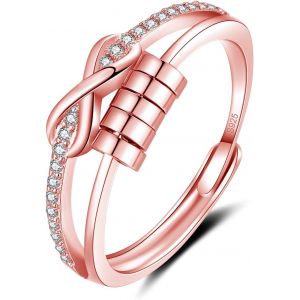 Kal-Bague R&eacute;glable Femme Argent Sterling 925 De Couleur Argent/Or Rose/Or, Bague Ouverte Avec Boule Mobile/Zircon Cubique + Perle Mobile Pour D&eacute;compresser, Anneau Hypoallerg&eacute;nique Unisexe - Neuf