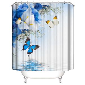 Rideau de douche imprim&eacute; en 3D - 180*180cm Papillons et fleurs bleus - Neuf