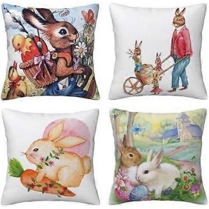 4 Pièces Housse De Coussin Lapin De Pâques Élément Styles Housse De Coussin Décorative Taies D'oreiller En Coton Et Lin (40 X 40 Cm,Lapin Violet) - Neuf