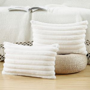 Tianyi-Lot De 2 Housses De Coussin En Peluche En Fausse Fourrure Housse De Coussin Décorative Douce À Rayures Moelleuses Pour Coussin De Chambre À Coucher De Canapé Blanc Crème 40 X 60 Cm - Neuf