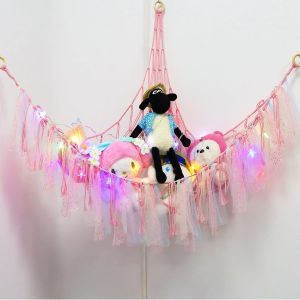 SEPT-Hamac en peluche, hamac triangulaire avec pompons, hamac mural avec crochets et guirlandes lumineuses pour jouets en peluche, poupées, balles, couvertures, oreillers (rose clair, 100 x 100 x - Neuf