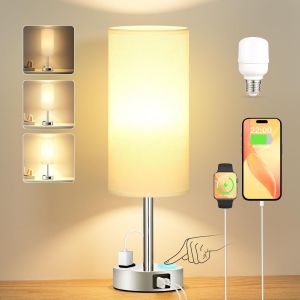 Lampe De Chevet Tactile Lot De 2, Lampes De Table 3 Intensité Gradation Avec Ports De Charge Usb-A+C+Prise, Petite Lampe Pour Chambrer Salon D'enfant Bureau (2 Ampoules Incluses) - Neuf