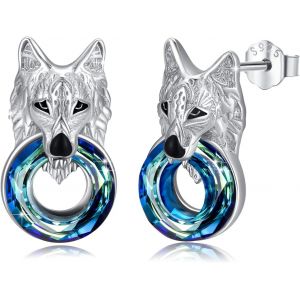 Boucles D'oreilles En Forme De Loup En Argent Sterling 925 Avec Cristaux - Hypoallerg&eacute;niques - Unisexe - Pour Homme Et Femme - Neuf