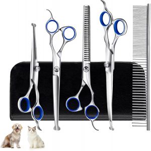 Jgd-Ciseaux Toilettage Chien Professionnel Kit, Acier Inoxydable Avec Pointe Ronde De S&eacute;curit&eacute;, Y Ciseaux &Agrave; Effiler Chien, Ciseaux Courbes Chien, Ciseaux Droits, Peigne, Pour Chiens Chats - Neuf