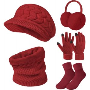 Tricot&eacute;s Ensemble Bonnet Femme &Eacute;charpe Gants Set 5 Pi&egrave;ces Cache Oreilles Femme Chaussettes Foulards Tricot&eacute;s Ensemble De Ski Sports D&iquest;Hiver De Femmes Hiver Chaud Chauffant Doublure Doux - Neuf