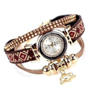 Duoya Femmes &Eacute;l&eacute;phant Pendentif D&eacute;coration Cadran Rond Bijoux Bracelet Montre-Bracelet Montre (Marron) - Neuf