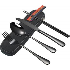 Lot De 4 Couverts De Voyage Portables Avec Mallette En Acier Inoxydable - Couverts De Camping S Pour Travail, Fourchette, Cuillère, Couteau, Baguettes Pour Boîte À Déjeuner, École, - Neuf