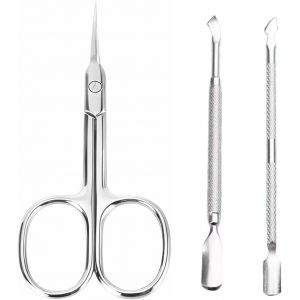 Ciseaux &Agrave; Cuticules Professionnels + Pousse-Cuticules Double-Fonction (3 Pi&egrave;ces) - Kit Manucure/P&eacute;dicure En Acier Inoxydable Anti-Corrosion - Pr&eacute;cision Salon (Argent) - Neuf
