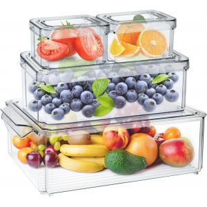 Checarzhn--No1-Organisateur De Réfrigérateur Avec Couvercle, Transparent Empilable Pour Réfrigérateur - Boîte De Rangement Transparente - Idéal Pour Cuisines, Réfrigérateurs - Sans Bpa (Lot De 4 Pièc - Neuf