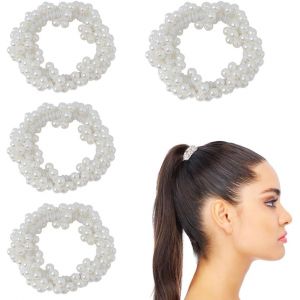 4 Pcs Chouchous Perle Blanche - Élastiques Femme Tresses Filles Accessoires Cheveux Coiffes,Pour Cheveux, Accessoires Pour Bande De Cheveux Avec Porte-Queue De Cheval Pour Femmes Et Filles - Neuf