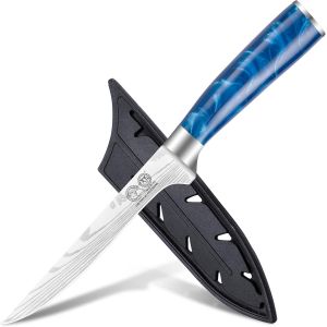 SJZG-Kitchen Knife,6 Inch Stainless Steel Boning Knife With Sleeve,Laser Damascus Pattern,Resin Handle,Fish Filleting Carving Knife,Portable Outdoor Camping Knife Tool - Neuf
