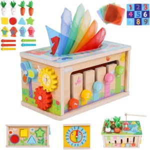 JGD-Jouet Montessori Enfant 1 2 3 Ans, 6 en 1 Jouet en Bois Bo&icirc;te &agrave; Mouchoirs B&eacute;b&eacute;, Jeux &Eacute;ducatif Eveil Jeu de Peche Motricit&eacute; B&eacute;b&eacute; Anniversaire No&euml;l Cadeau pour Gar&ccedil;on Fille - Neuf