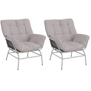 Lot De 2 Fauteuils Lounge Pour Terrasse Jardin Balcon Tressage En Poly-Rotin Et M&eacute;tal Gris Clair Coussins &Eacute;pais Beige 04_0008700 - Neuf