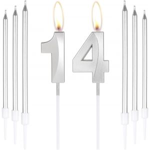 Lot De 6 Bougies D'anniversaire Argentées En Forme De Chiffre 14 Pour Gâteau Avec 6 Bougies Longues Et Fines,Décoration De Gâteau Pour Fille Et Garçon,14e Anniversaire De Mariage - Neuf