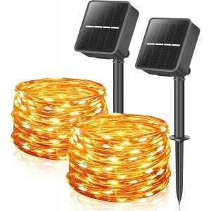 Kal-Guirlande Lumineuse Solaire Extérieure, 2 Pièces 12m 100 Led Guirlande Lumineuse Extérieure, Imperméable Avec 8 Modes D'éclairage Guirlande Lumineuse Pour Balcon, Jardin, Terrasse(Blanc Chaud) - Neuf