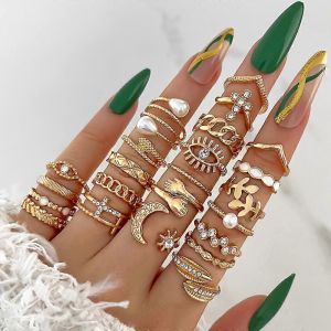 23pcs / Set Faux Perle Croix Oeil Lune &Eacute;toile C&acirc;lin Feuille Serpent Cha&icirc;ne En M&eacute;tal Multi-&Eacute;l&eacute;ment Strass Anneau Pour Femmes Cadeau D'anniversaire - Neuf