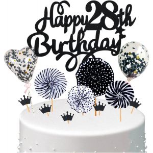 Ershi-Décoration De Gâteau 28 Ans Femme Homme, Deco De Gâteau Toppers Happy 28th Birthday Noir, Cake Topper 28e Anniversaire Garço[9 - Neuf