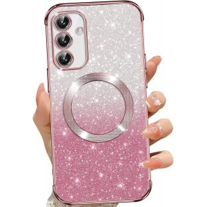 SJZG-Coque Magn&eacute;tique Pour Samsung Galaxy S25 Plus/S25+ 5G, Etui &Agrave; Paillettes Compatible Avec Magsafe, Antichoc Charge Sans Fil Housse Pour Samsung S25 Plus/S25+, Avec 2 Verre Tremp&eacute;, Rosa - Neuf