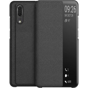 Coque Compatible Pour Huawei P20, Smart View Flip Faux Cuir Coque + Protection Ecran - Noir - Neuf