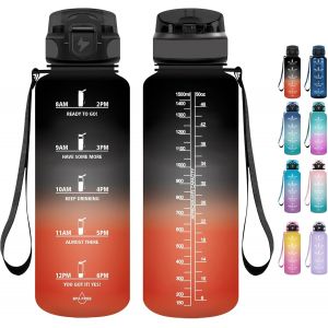 Eryi-Gourde 1.5l, Gourde Motivation Avec Paille, Sans Bpa, Gourde Sport, Bouteille D'eau Avec Marqueur De Temps Pour Le Camping, La Randonnée - Noir Rouge - Neuf