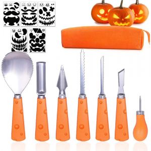 Cauc-Halloween Kit Sculpture Citrouille, 7pcs Kit Citrouille Halloween, Outils De Sculpture De Citrouille Diy Robust En Acier Inoxydable Avec 5 Pochoirs Pour Halloween Decoration - Neuf
